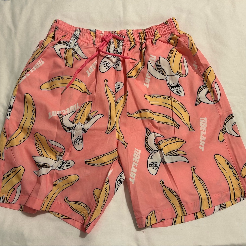 Pink Banana Print Swim Trunks